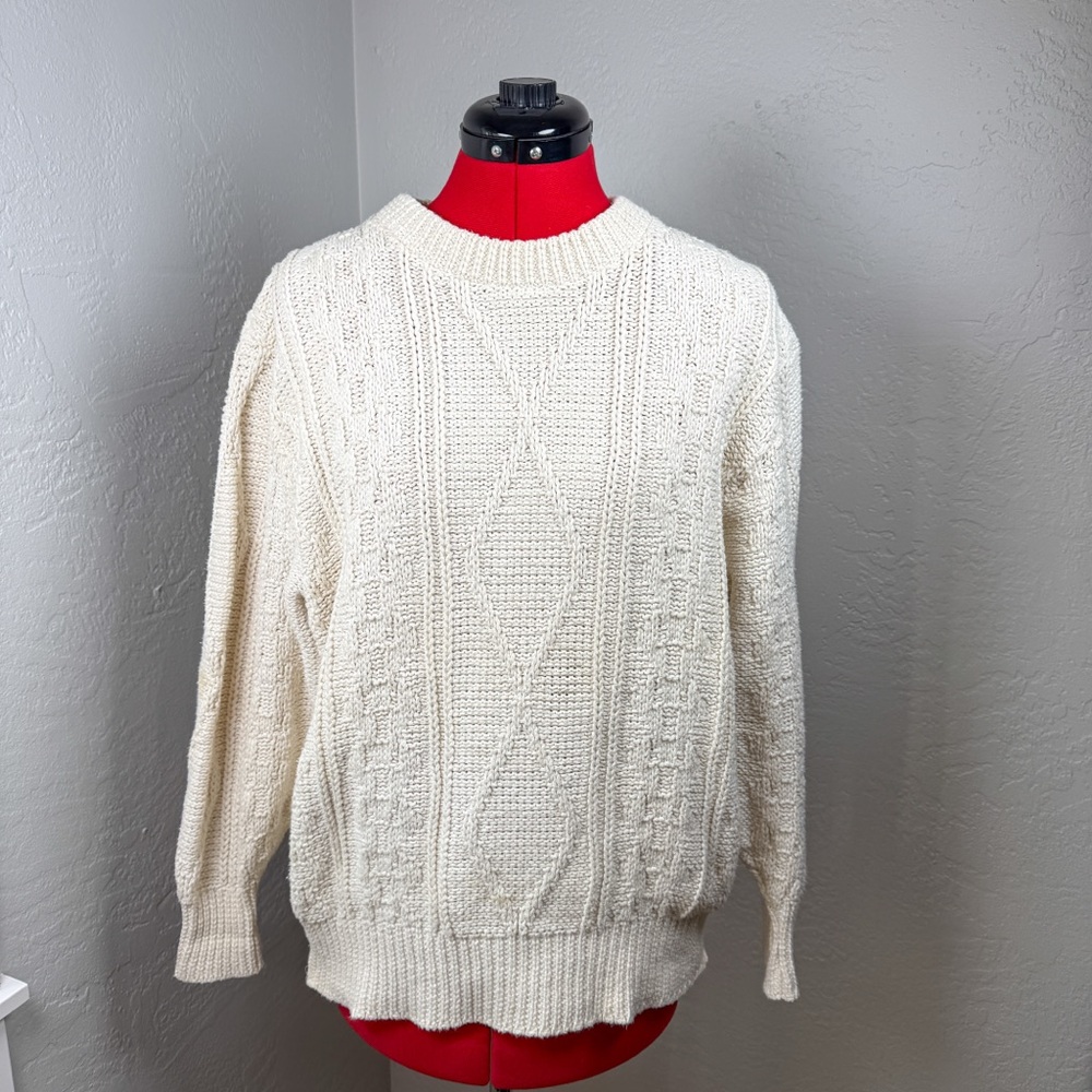 Vintage 90s McKenzie Outfitters Cable Knit Cream 100% Cotton Sweater Size L